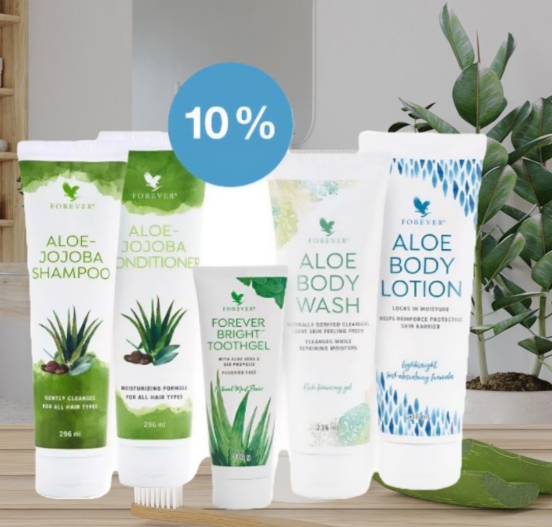 En nydelig familie pakke til 10 % fra Forever Living. Shampo og balsam, body wash og bodylotion, pluss en tannkrem uten fluor med en smak av mint som gir deg en rein følelse i timesvis.